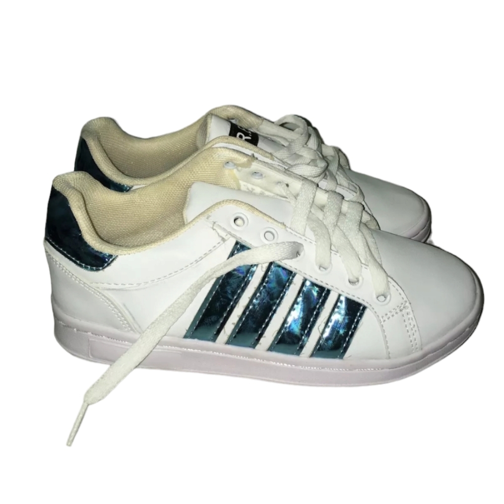 R.E.M.S. Classic White Sneakers Blue Stripes Women's Mexico Size 23 US 6 Shoes - Picture 3 of 7
